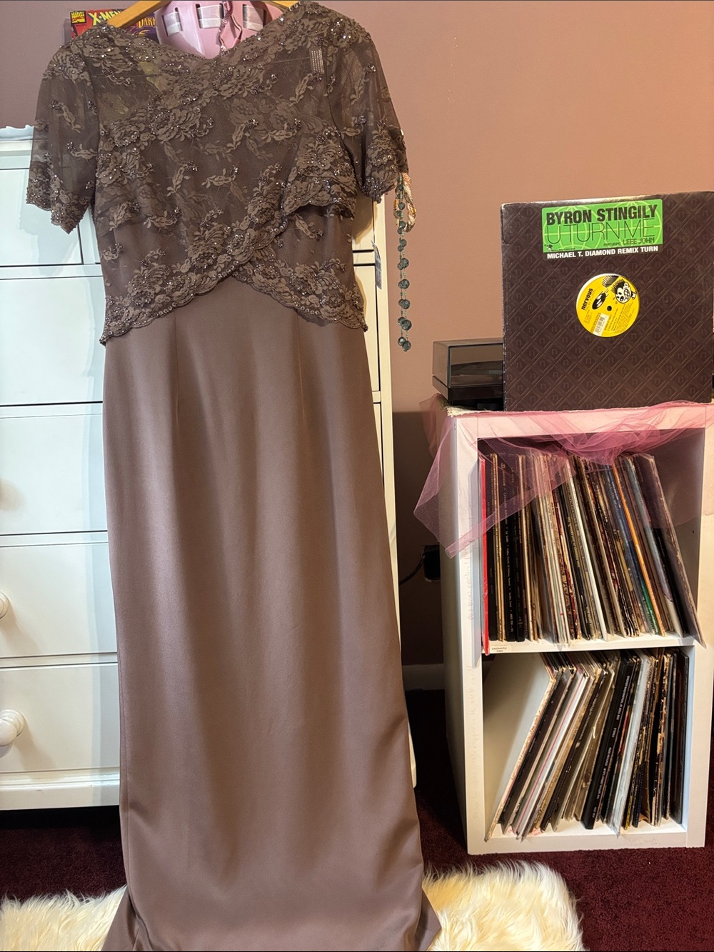 New Vintage 90’s Silk Talbots Maxi Long Beaded Dress Gown Lace Sleeves Formal 6